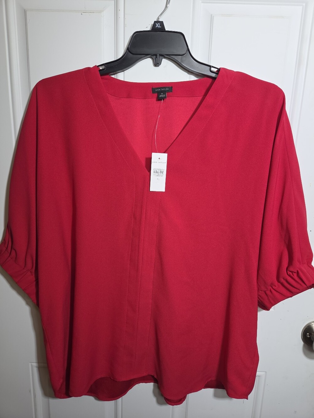 🌹 NWT Ann Taylor Red V-Neck Short Puff Sleeve Blouse Top XL 🌹